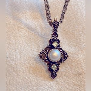 Sterling Silver Cross Nepal Necklace Pendant Marked Pearl Gemstones 925